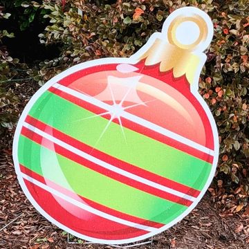 red green white striped christmas ball holiday yard card Raleigh NC big Christmas ball yard card