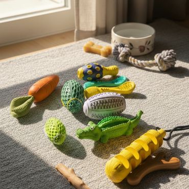 Hundespielzeug liegt auf einem Teppich, zum Beispie Kauspielzeug und ein Ball.