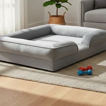 Ein Hundebett auf einem Teppich, Hundespielzeug liegt daneben