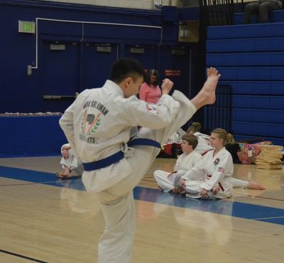 Karate student does adult martial arts kick.