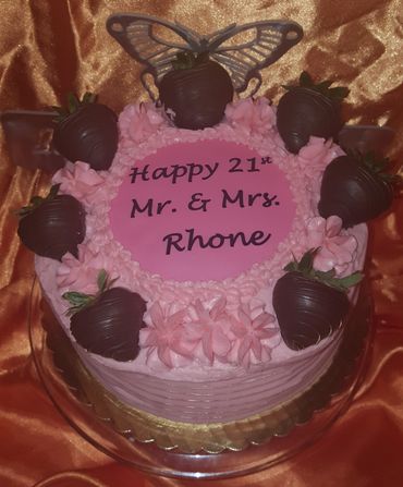 Strawberry Cake, w/chocolate covered strawberries...Anniversary Cake