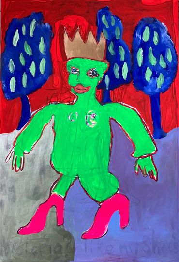 crowned figure working in bright pink shoes