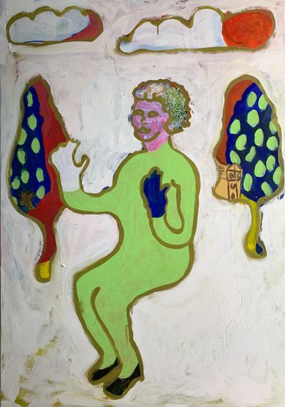 queen like figure with hand wave floating on a devoid ground