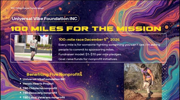 Flyer for a 100-mile race fundraiser supporting five nonprofits organized by Universal Vibe Foundation INC.