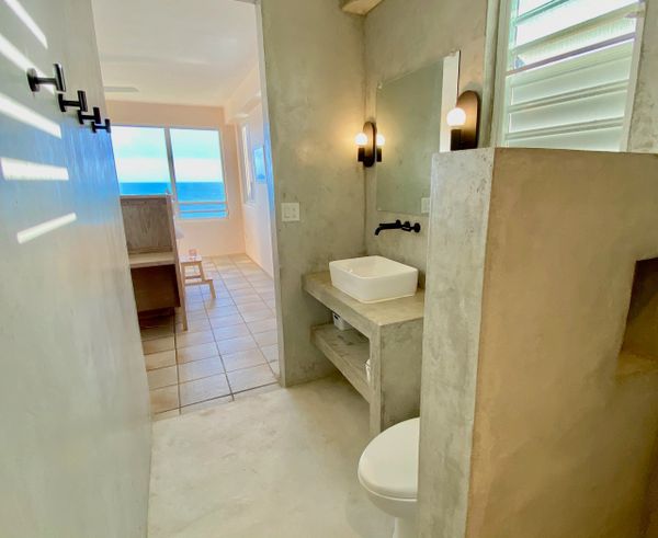 Modern cement bathroom, ocean view bathroom, Las Piedras, Vieques vacation rental