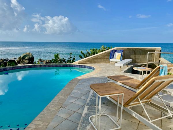 Caribbean ocean, ocean views, pool, lounge furniture, nautical, paradise