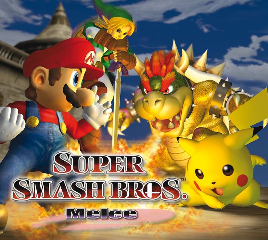 Iconic Super Smash Bros. Melee characters Mario, Link, Bowser, and Pikachu in action.