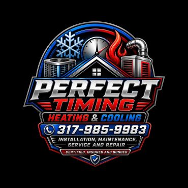 Logo for Perfect Timing Heating & Cooling with contact info.