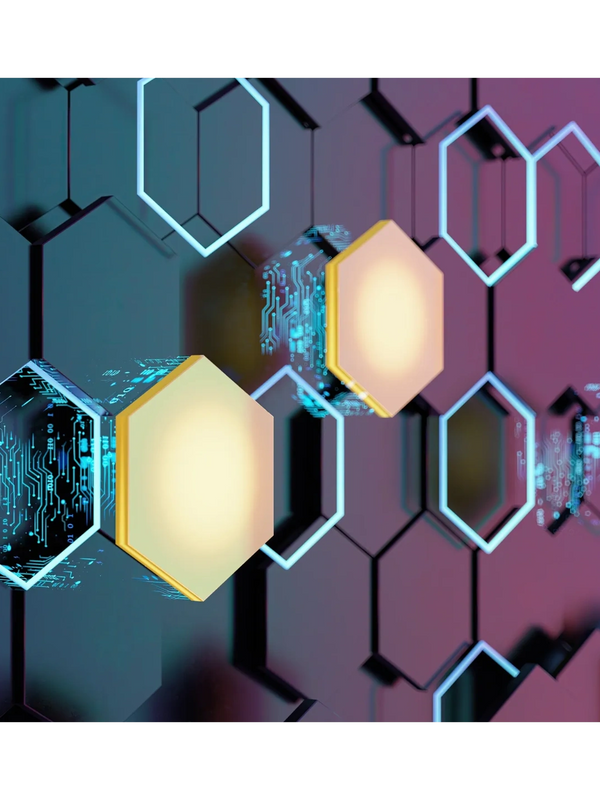 Grouped elongated hexagon shapes next to each other, in blue, grey, purple & yellow colors