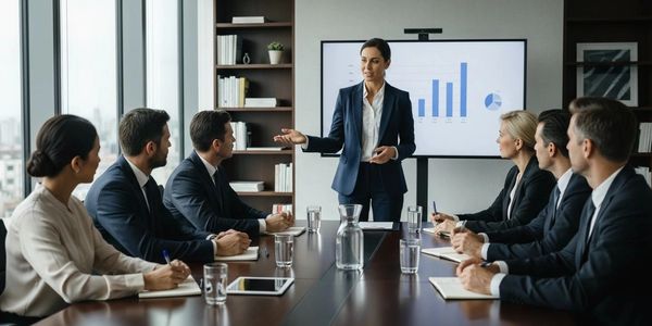 Businesswoman presenting data to colleagues in a modern conference room.