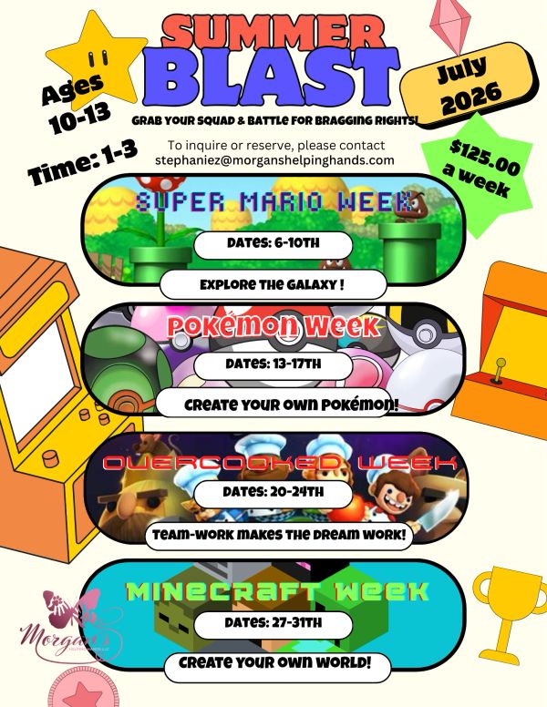 Summer Blast camp for ages 10-13 in July 2026 with themed weeks like Super Mario, Pokémon, Overcooked, and Minecraft.