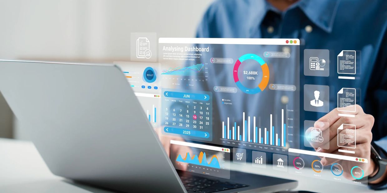 Person analyzing data dashboard with futuristic interface.