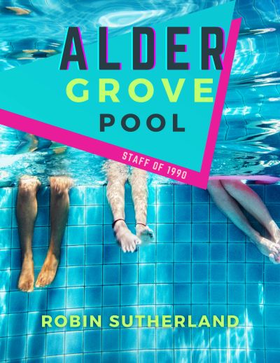 People relaxing with legs in a pool, text overlay about "Grove Pool Staff of 1990".