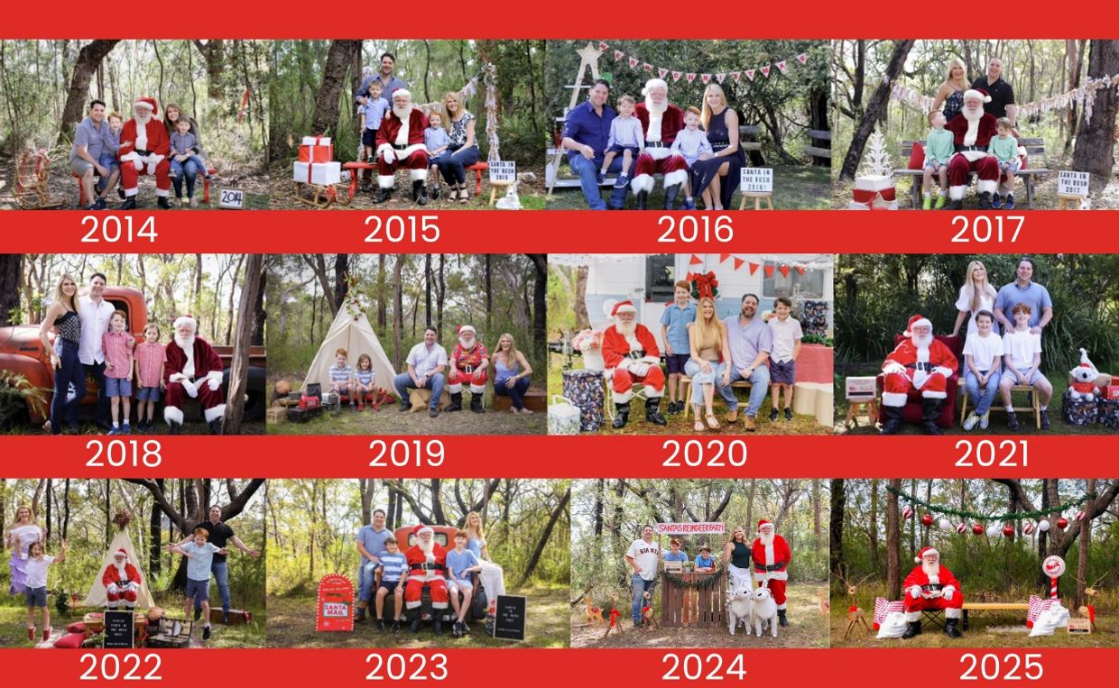 Family Christmas photos with Santa from 2014 to 2025 outdoors in nature.