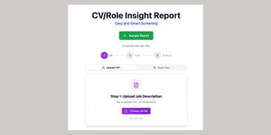 Interface for uploading job descriptions to generate CV/Role Insight Reports.