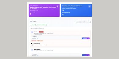Dashboard displaying CV analysis for Marketing & Outreach Associate role with candidate details and rejection status.