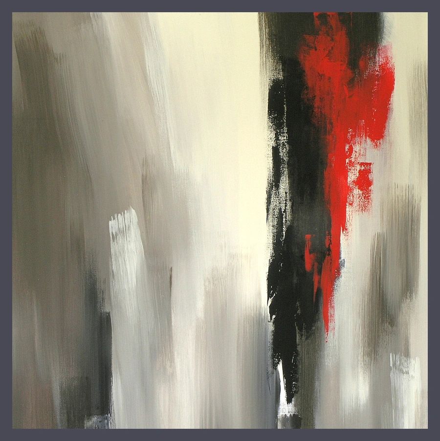 Abstract painting with bold black and red vertical brushstrokes on a muted gray and cream background