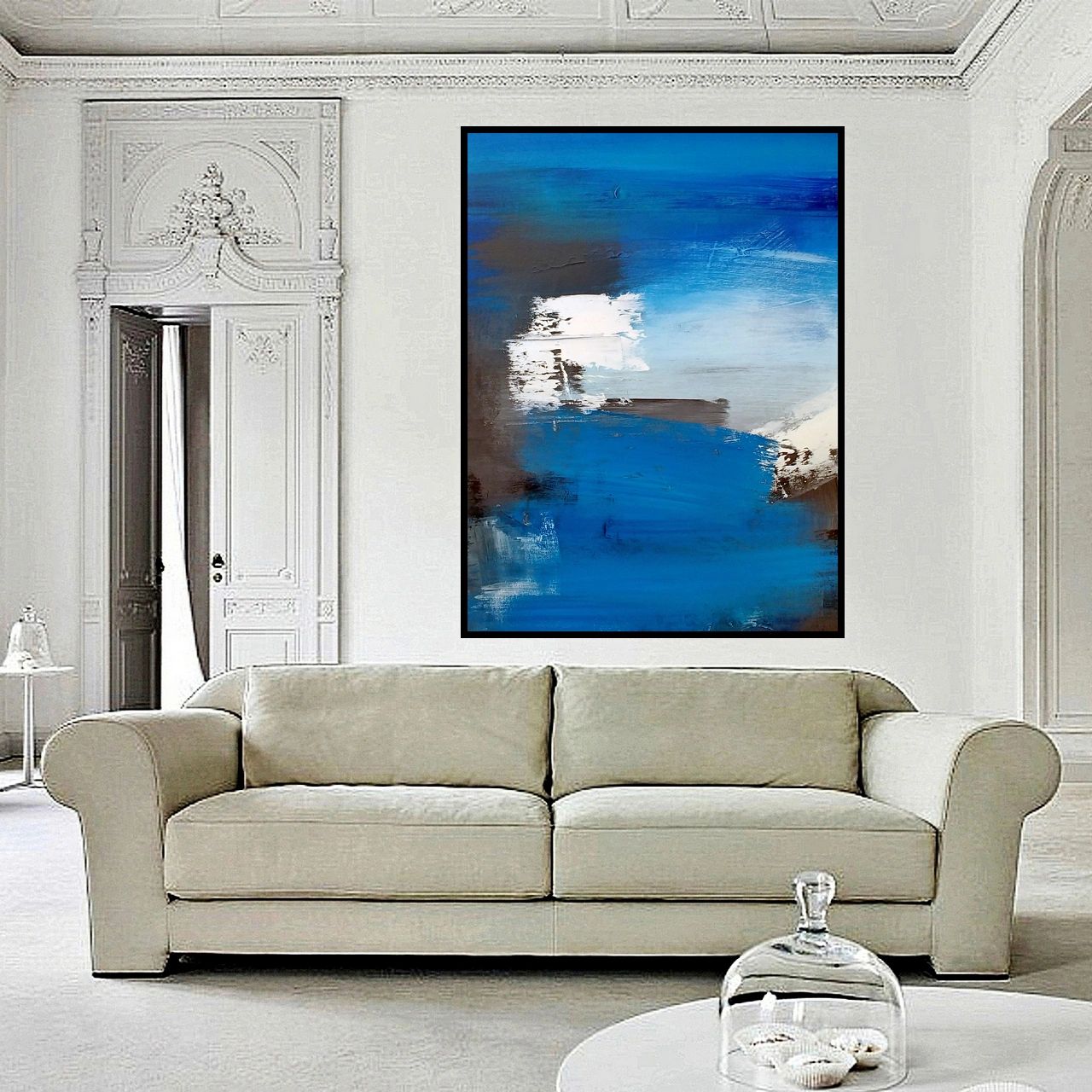 Abstract painting with dynamic blue, white and black brushstrokes, creating a sense of movement.