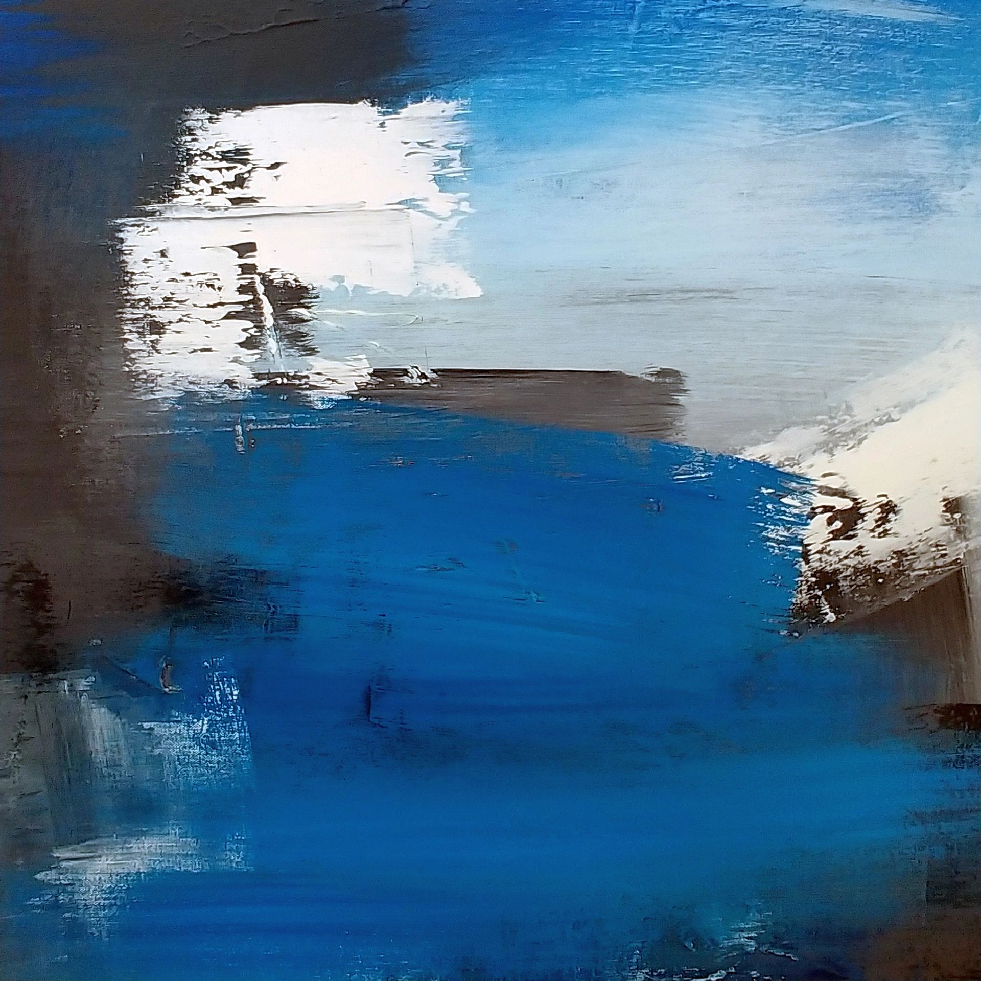 Abstract painting with dynamic blue, white and black brushstrokes, creating a sense of movement.
