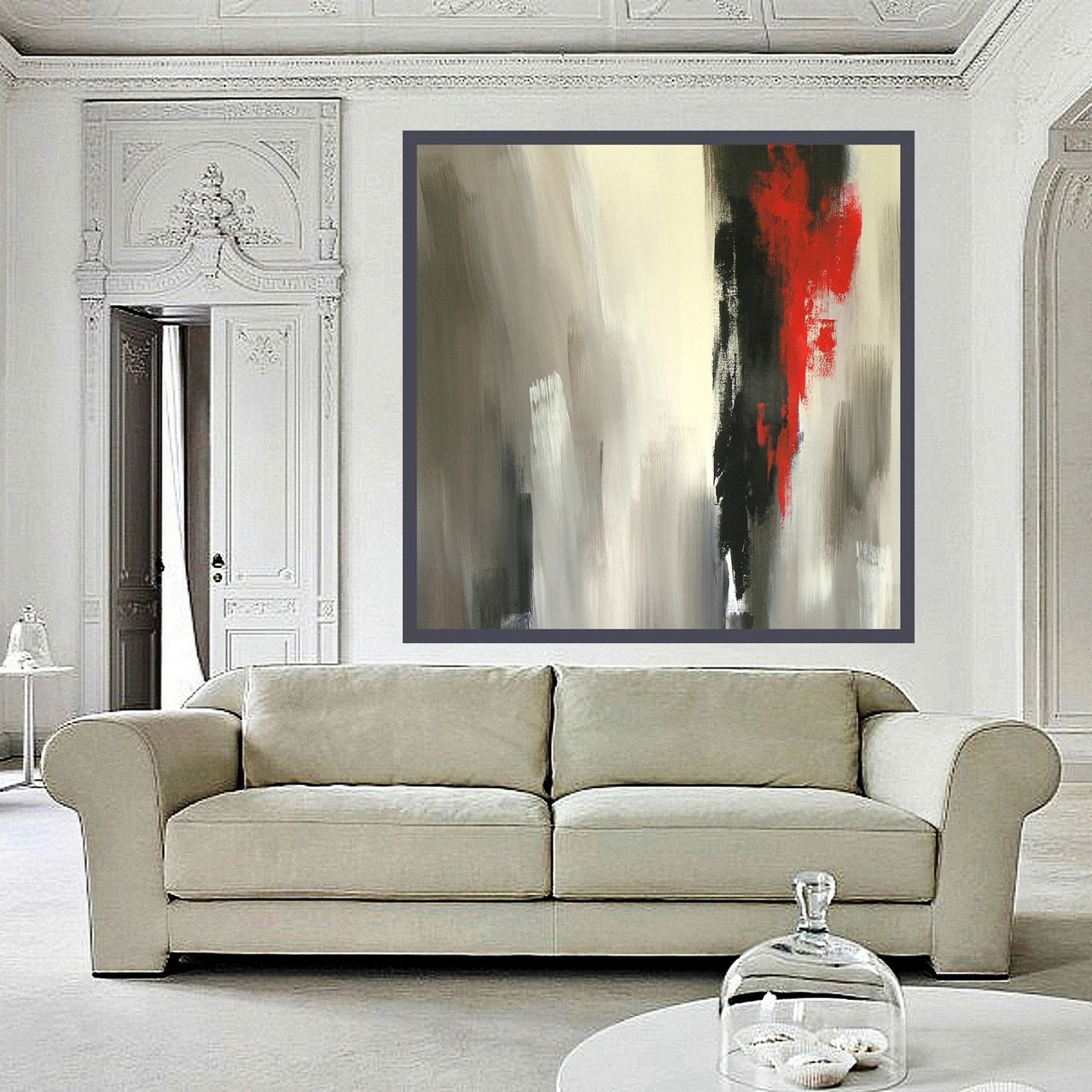 Abstract painting with bold black and red vertical brushstrokes on a muted gray and cream background