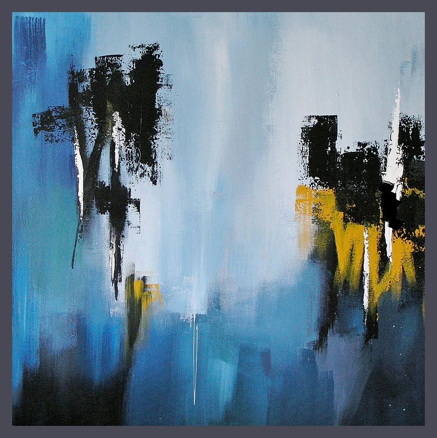 Abstract painting with black and yellow shapes against a blue and gray background.