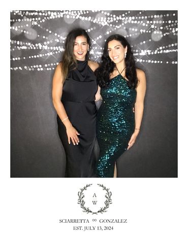 Friends posing together with a photo booth rental near me at a wedding in Westchester, NY.