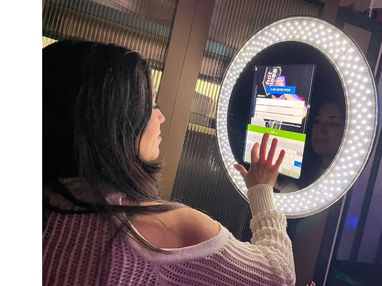 Guest using SobyCam's digital photo booth at a private event in Westchester County, NY.