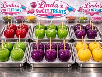 Colorful candy apples on trays at Linda's Sweet Treats.