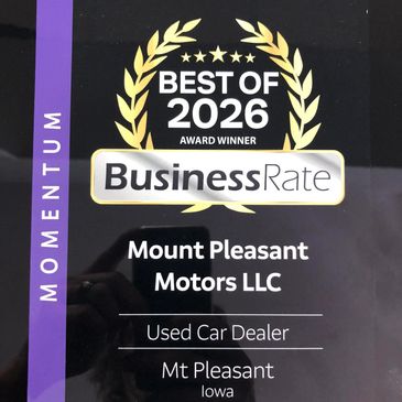 Award plaque for Mount Pleasant Motors LLC as Best Used Car Dealer in 2026 by Business Rate.