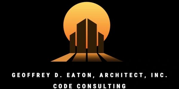 Logo of Geoffrey D. Eaton, Architect, Inc. with a sunset cityscape design.