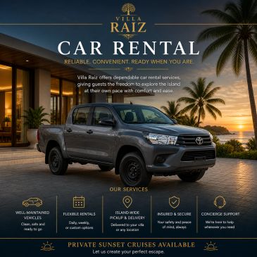 Sunset car rental ad for Villa Raiz with a sturdy pickup truck and palm trees.