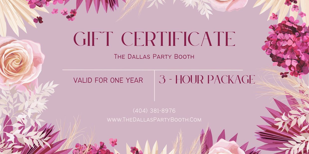 Elegant floral gift certificate for a 3-hour party booth experience in Dallas.