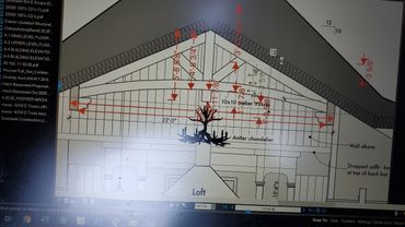 Architectural drawing of a loft's timber trusses and antler chandelier dimensions.