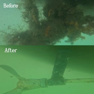 Before and after images of a running gear on boat in water after cleaning.