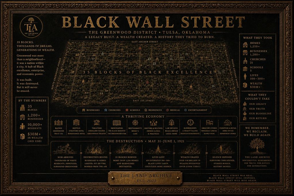 Map of Black Wall Street in Tulsa, highlighting its history, destruction, and legacy.