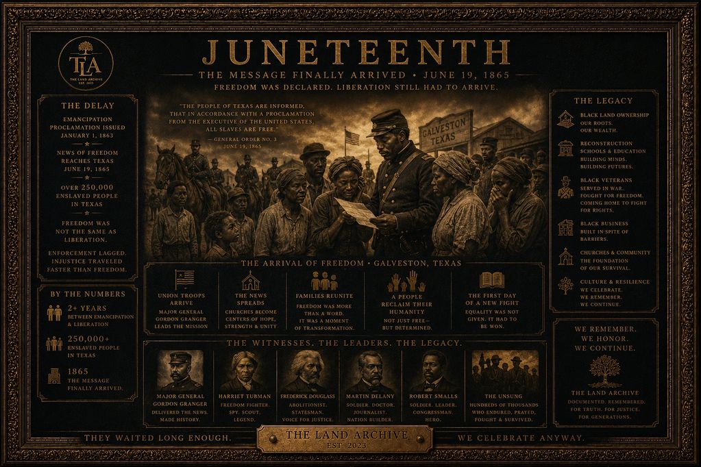 Historical infographic depicting the arrival of freedom on Juneteenth, June 19, 1865 in Galveston, Texas.