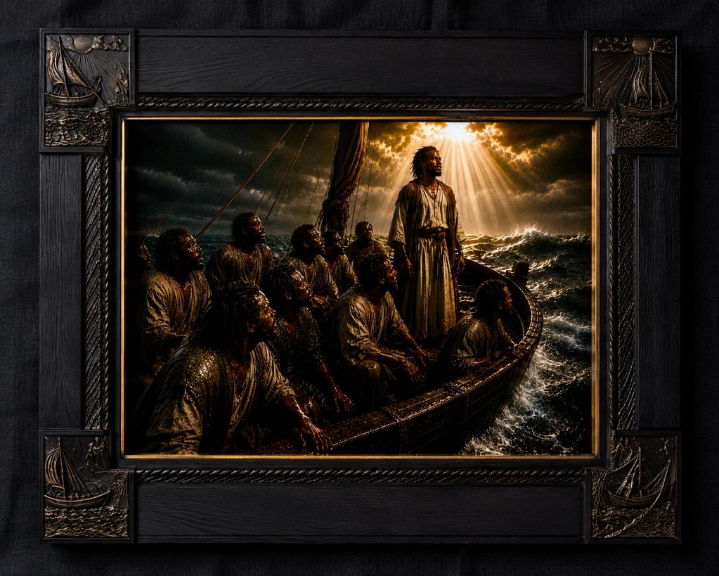 A group of men on a boat looking toward a divine light breaking through stormy skies.