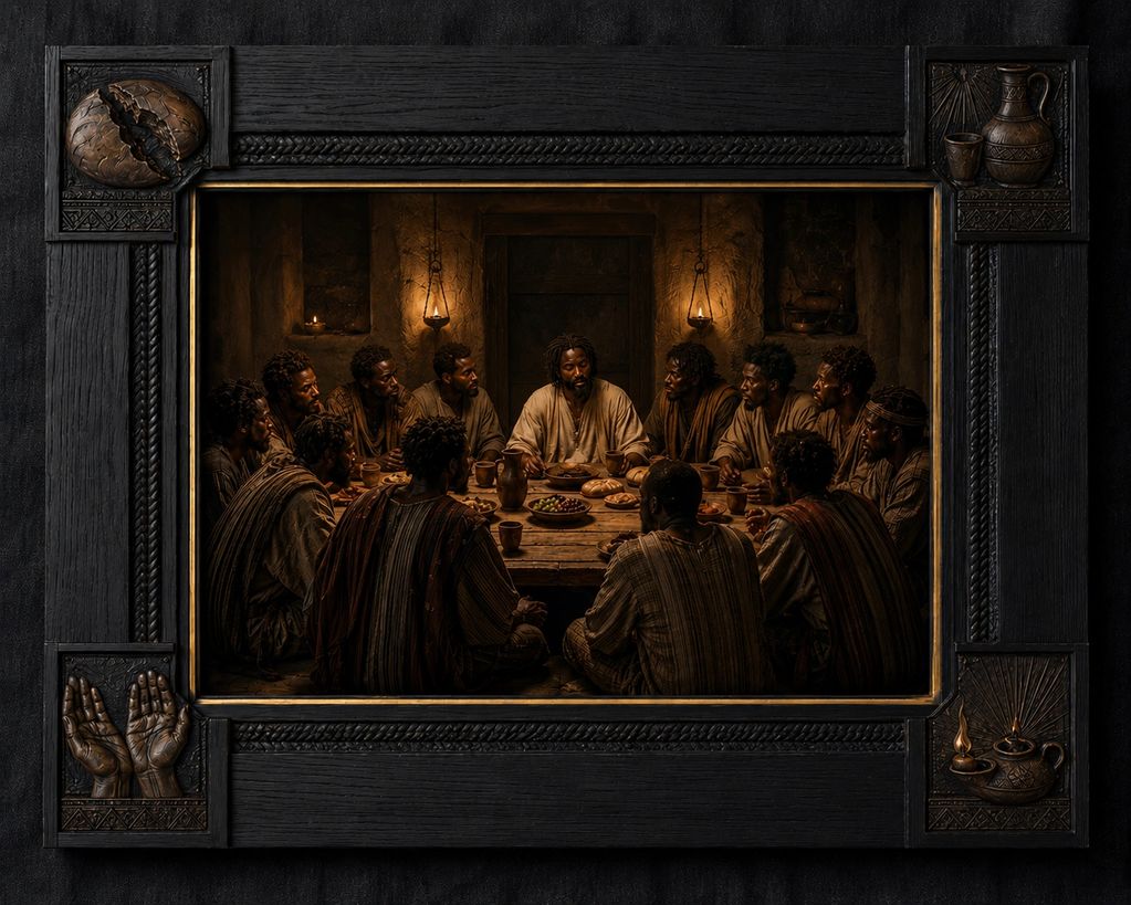 A group of men sharing a meal in a dimly lit room with a dark ornate frame.