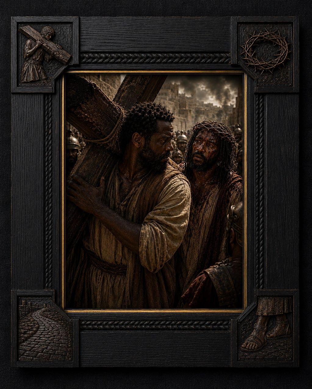 Men carrying a heavy wooden cross through a crowded, ancient city street.