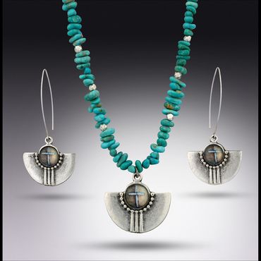 Sterling silver plated southwest patterned bezel from Portugal.     
Bezel hangs on a strand of tu