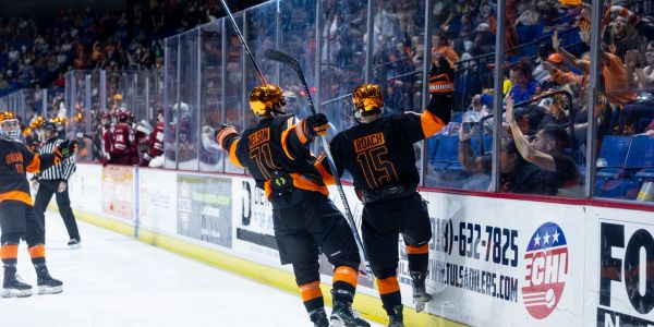 Hockey players celebrating a goal on ice rink.