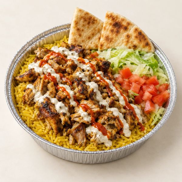 Chicken shawarma rice bowl with pita, lettuce, and tomatoes.