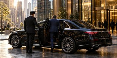Man entering luxury car with chauffeur holding door.