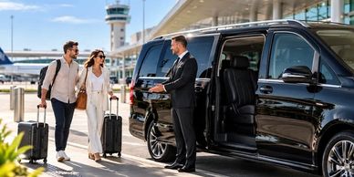 Couple greeted by chauffeur at airport near black van.