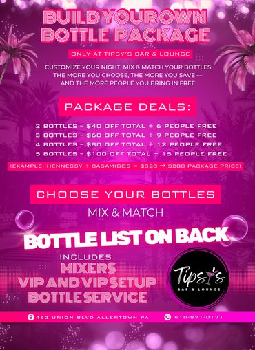 Build Your Own Bottle Package" at Tipsy's Bar & Lounge with mix-and-match deals.