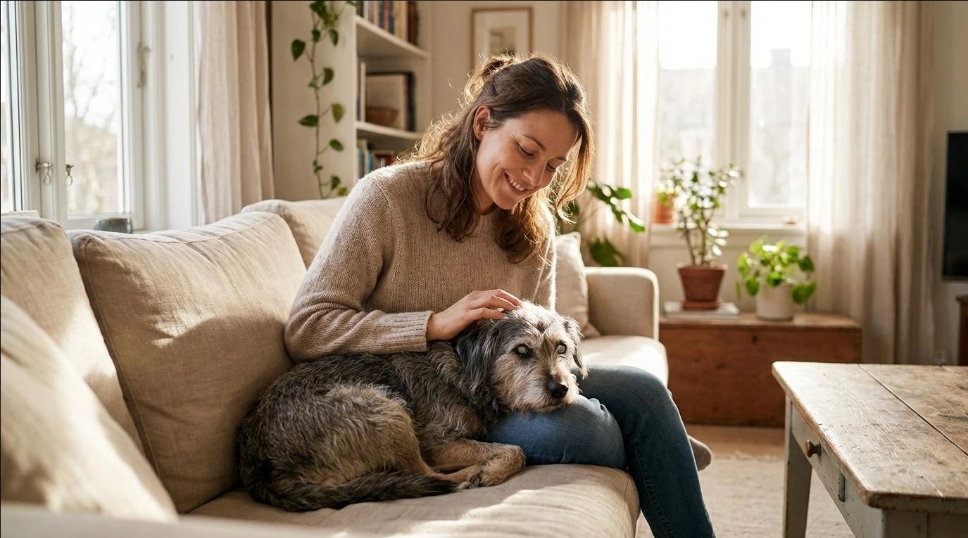 Woman gently petting her dog on a cozy couch.