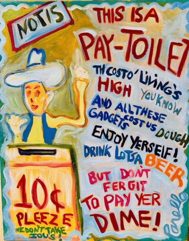 Painting of a pay toilet