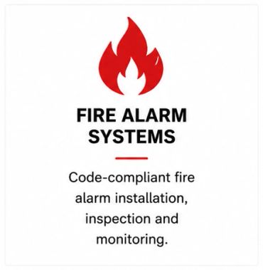 Advertisement for fire alarm systems and services.