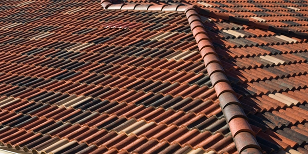 Stock photo of a multi-hued red terracotta tile roof.