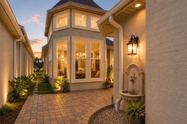 Elegant home exterior with warm lighting and a paved walkway at dusk.